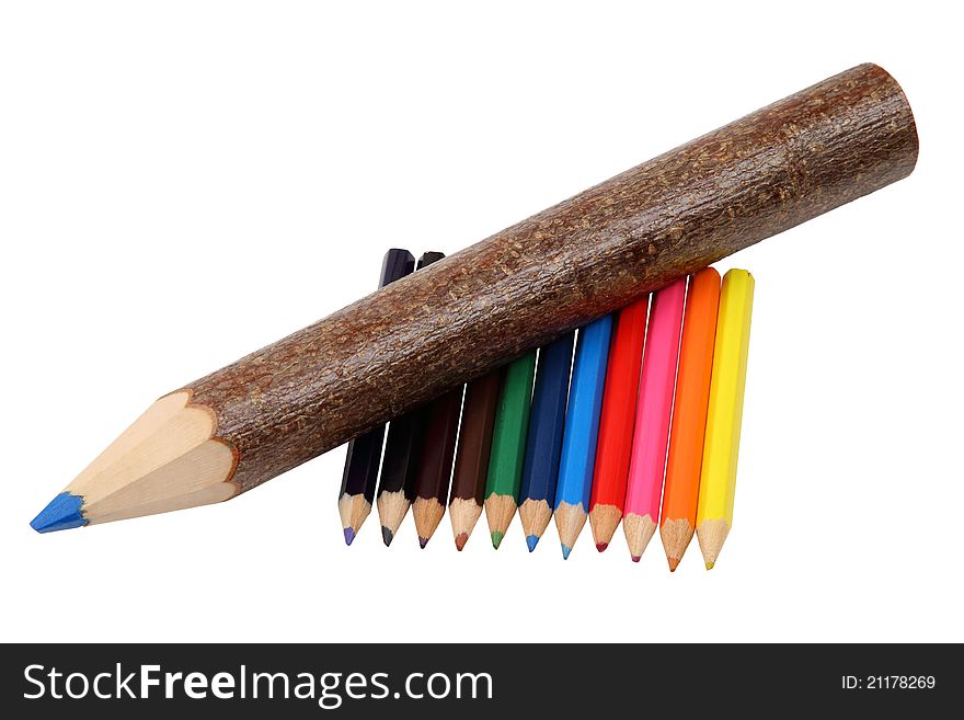 Blue big wooden pencil and small colored pencils isolated on white background. Blue big wooden pencil and small colored pencils isolated on white background