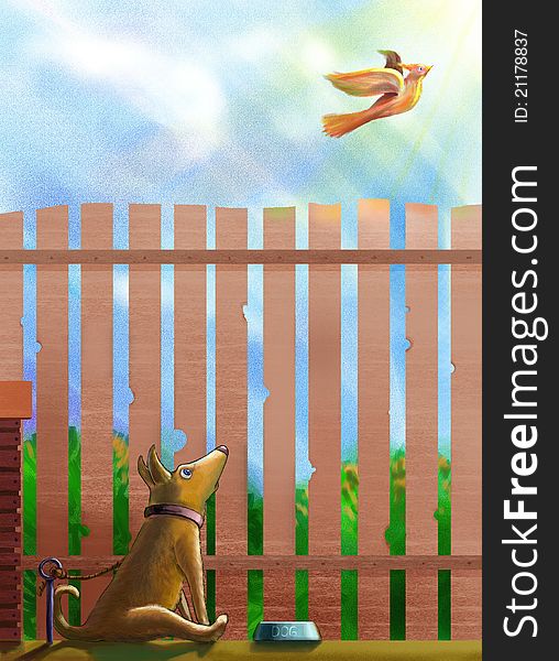 A tethered dog sitting before a bowl of food and looking surprisely at a freedomly flying bird. Dog is surprised and shocked.May be she dreams to fly away and be free one day. A tethered dog sitting before a bowl of food and looking surprisely at a freedomly flying bird. Dog is surprised and shocked.May be she dreams to fly away and be free one day.