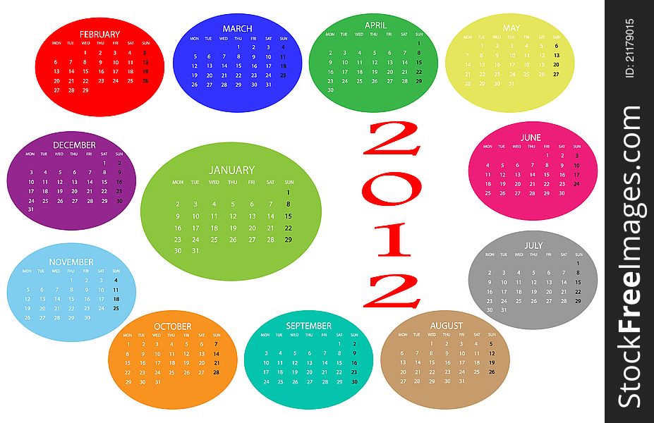 2012 Calendar of colors on a white background