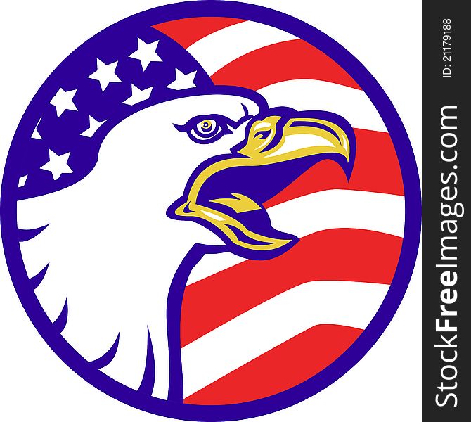 Illustration of an American Bald eagle screaming with United States stars and stripe flag set inside circle. Illustration of an American Bald eagle screaming with United States stars and stripe flag set inside circle