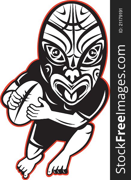 Cartoon illustration of a Rugby player running wearing Maori mask wearing black on isolated white background