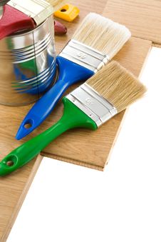Paint Buckets And Brush On White Royalty Free Stock Photos
