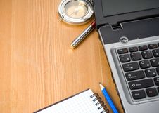 Notebook Laptop, Compass And Pen Stock Photos