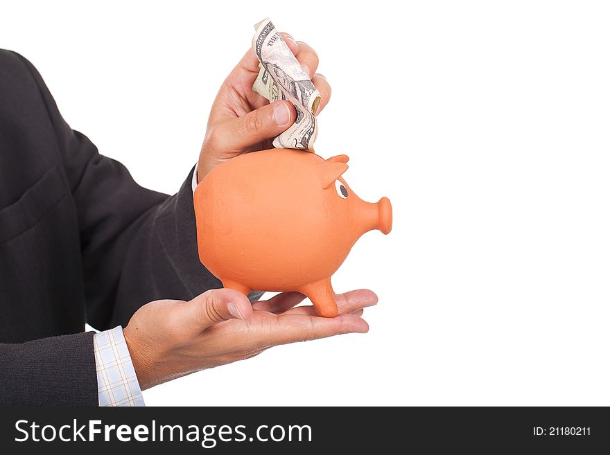 Man Holding A Piggy Bank And Dollars