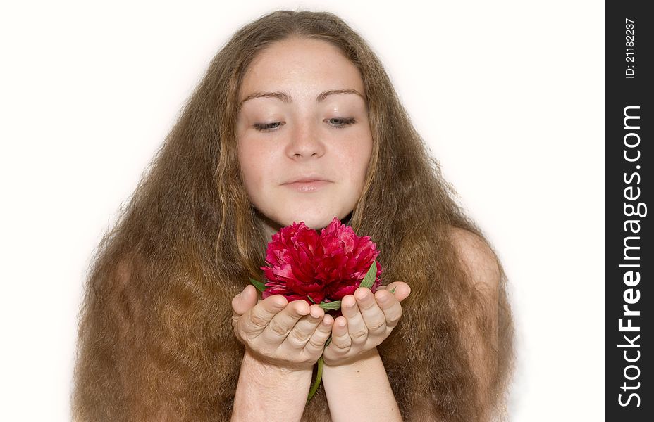 Beautiful girl with a pion in the hands isolated on white background. Beautiful girl with a pion in the hands isolated on white background.