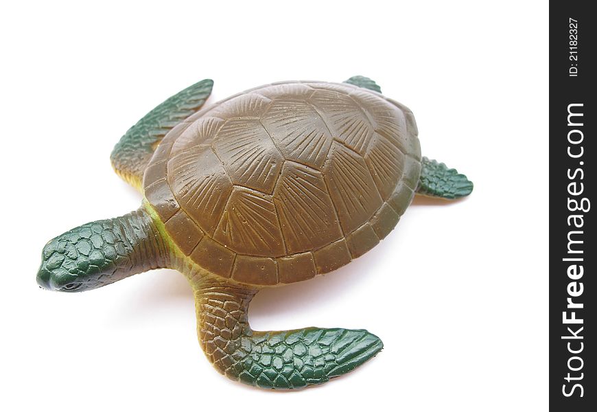 A plastic toy turtle on white background.