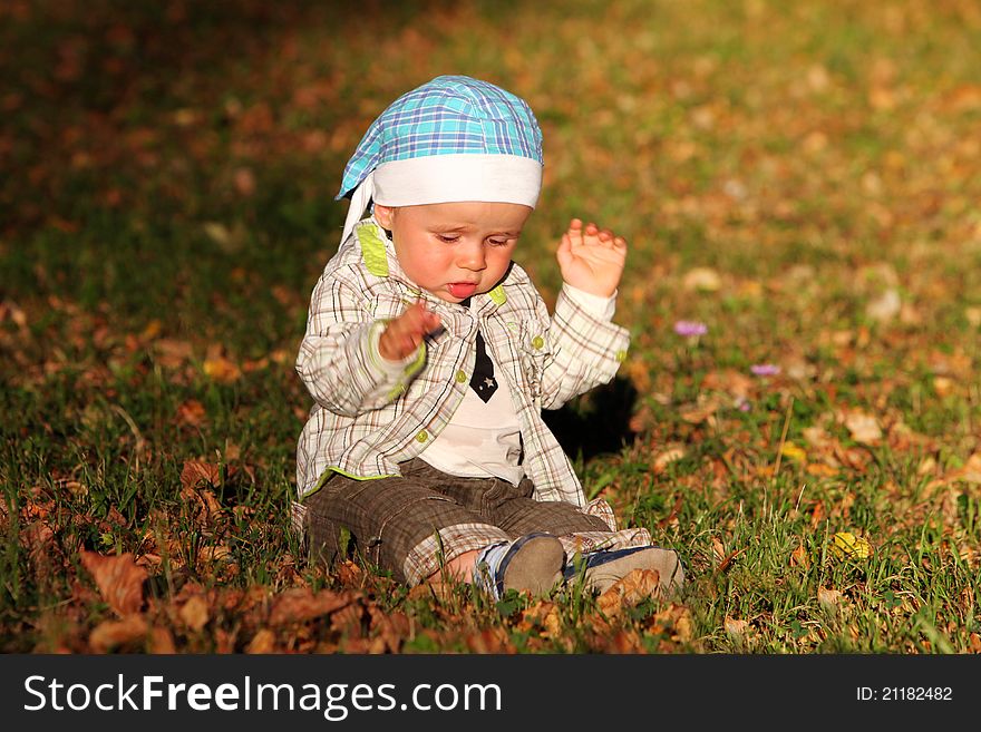 Baby boys sitting on yellow leaves in autumn park. Baby boys sitting on yellow leaves in autumn park.