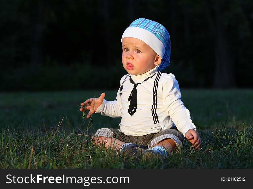 Baby boys sitting  in autumn park.