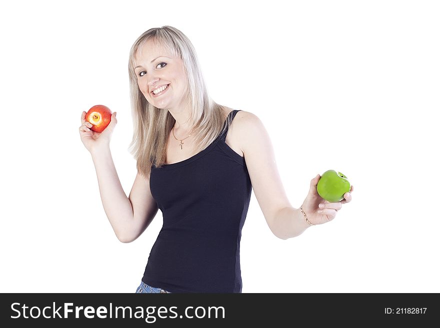 Adult beautiful girl with two apples. Adult beautiful girl with two apples