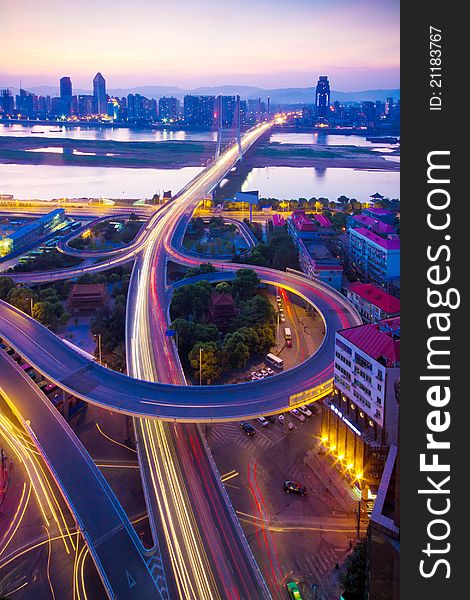 Night view of the bridge and city in shanghai china.