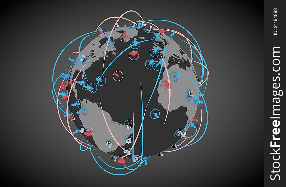 Render of a global network of hearts and people. Render of a global network of hearts and people