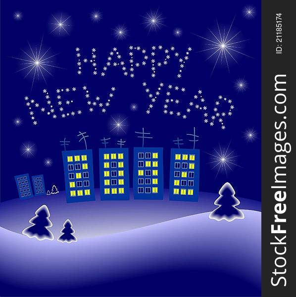 New Year's illustration: night small town, figures from shone windows and a letter from snowflakes. New Year's illustration: night small town, figures from shone windows and a letter from snowflakes