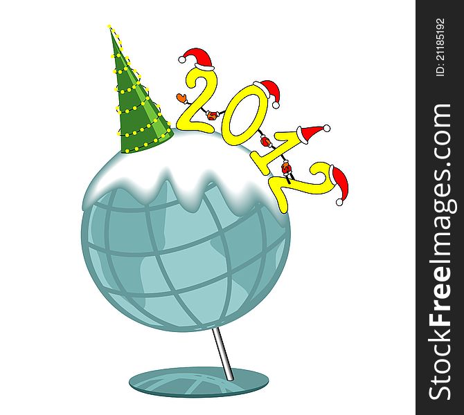 New Year's illustration: Figures 2012 with the decorated fir-tree on the globe. New Year's illustration: Figures 2012 with the decorated fir-tree on the globe