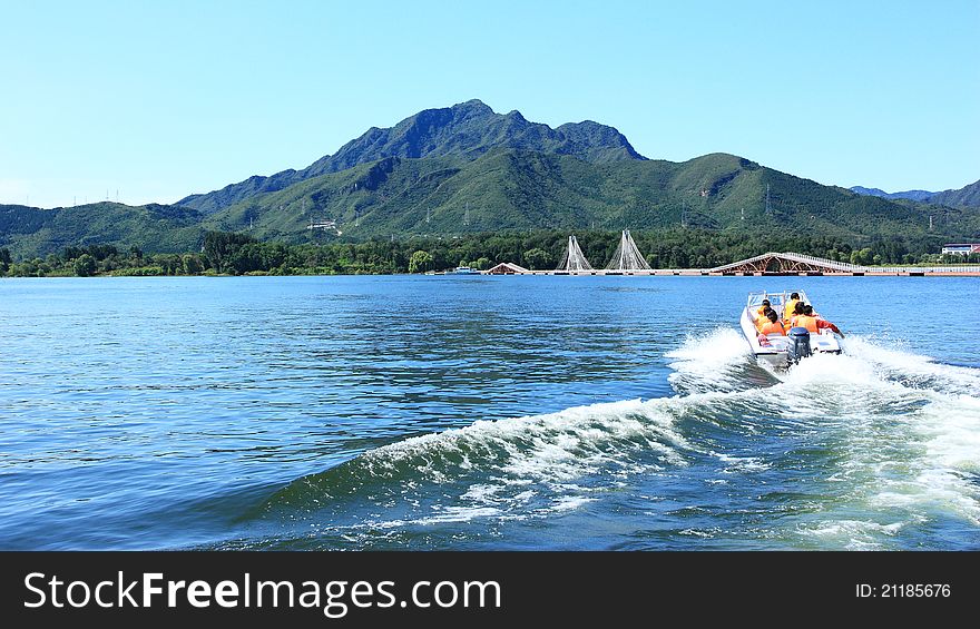 The landscape of lake with a boat