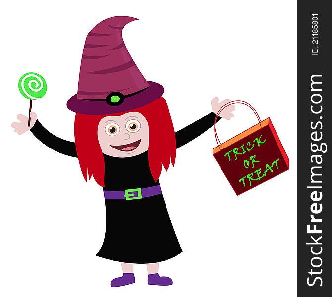 Girl dressed up in a halloween witch costume holding a lollipop and a trick or treat bag. Girl dressed up in a halloween witch costume holding a lollipop and a trick or treat bag.