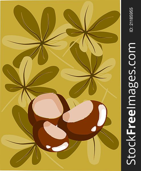 Brown chestnut and leafs autumn background - . Brown chestnut and leafs autumn background -