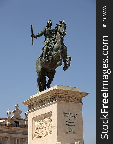 Philip IV King of Spain - equestrian statue in front of The Royal Palace-Plaza de Oriente - in Madrid, Spain.