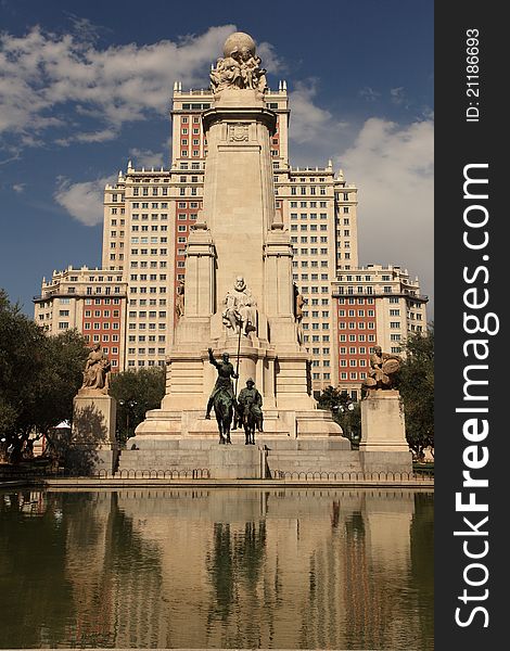 The Cervantes Monument in Plaza de Espana in Madrid.