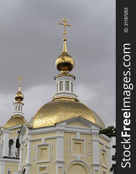 Church with golden domes closeup