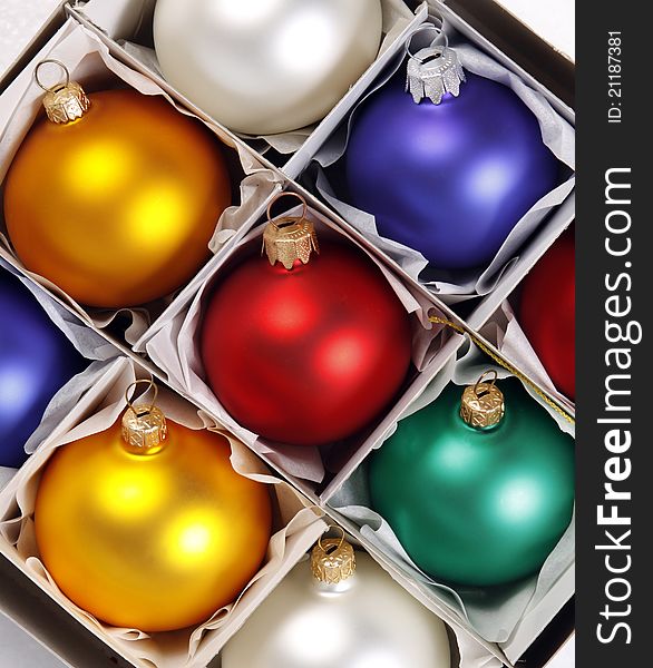 Colorful baubles in the white box