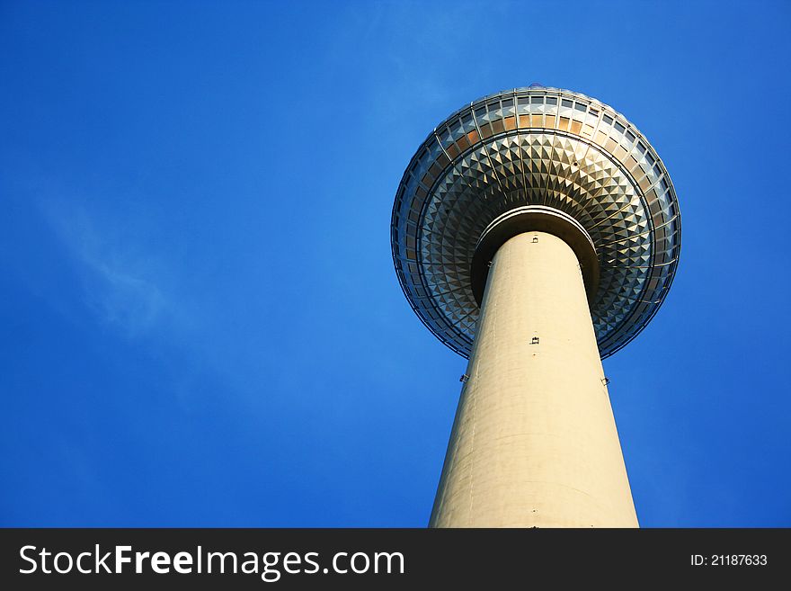 Television Tower or Fernsehturm in Berlin and clear blue sky. Television Tower or Fernsehturm in Berlin and clear blue sky