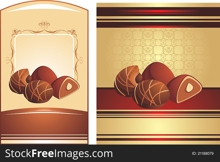 Chocolate candies with nuts. Two wrapping. Illustration