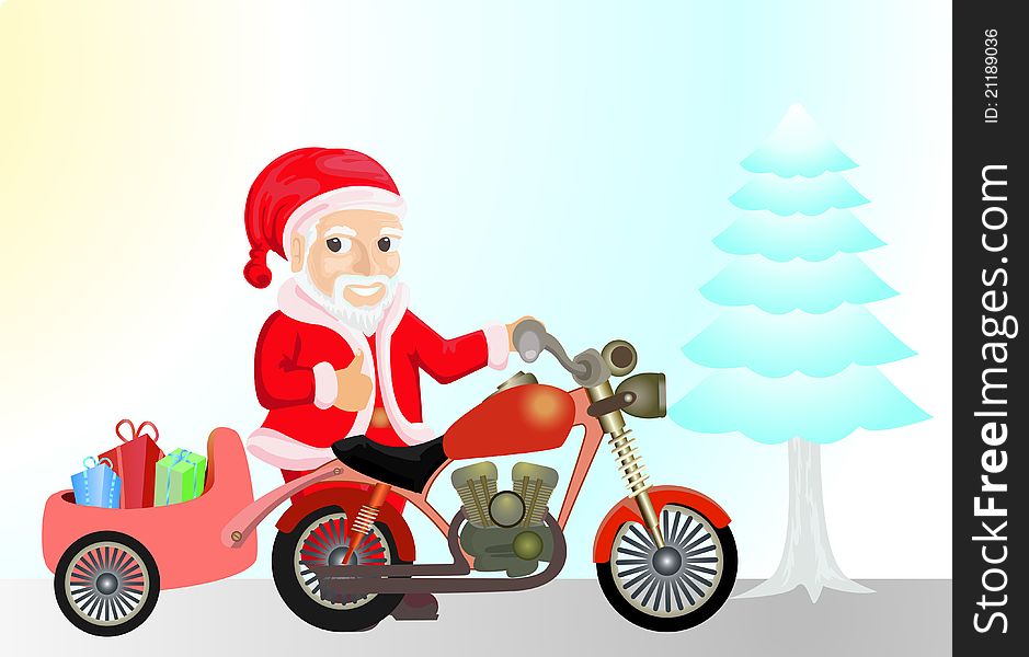 Cartoon of santaklaus with motorcicle
