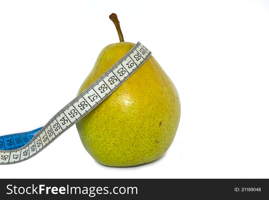 Ripe green pear with measuring tape. Ripe green pear with measuring tape