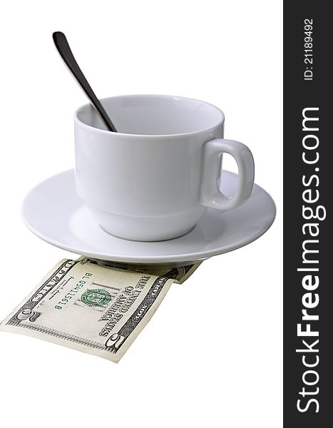 Coffee cup with a spoon and a monetary denomination