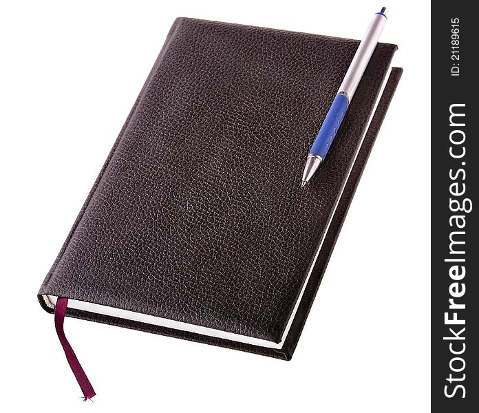 Notebook with a black cover and a pen isolated on a white background. Notebook with a black cover and a pen isolated on a white background