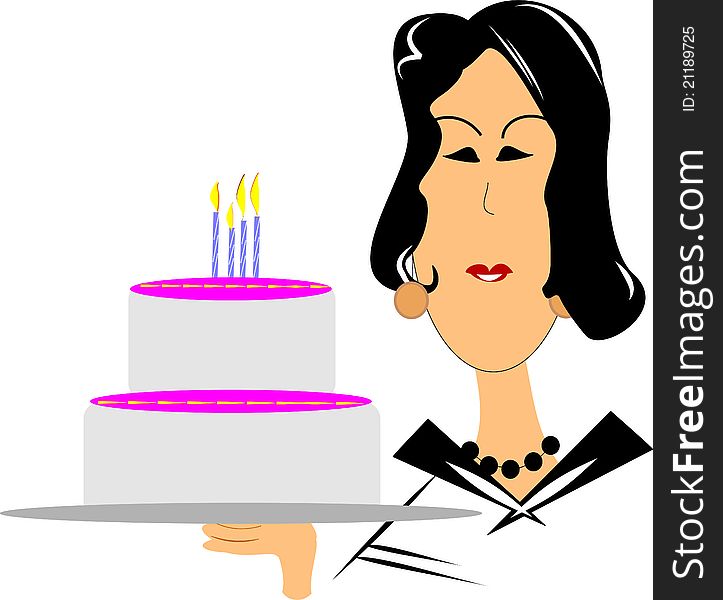 Mature woman in  retro style holding birthday cake on white. Mature woman in  retro style holding birthday cake on white