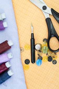 Sewing Supplies: Thread, Scissors, Buttons Stock Photography Sewing Supplies: Thread, Scissors, Buttons Stock Photography