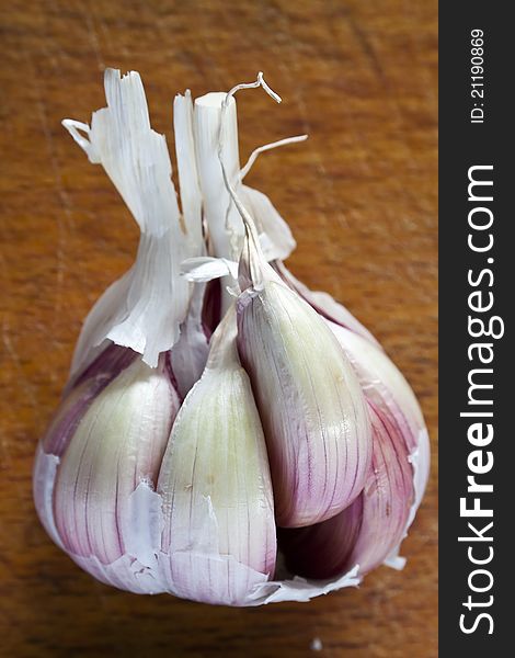 Violet garlic on the table