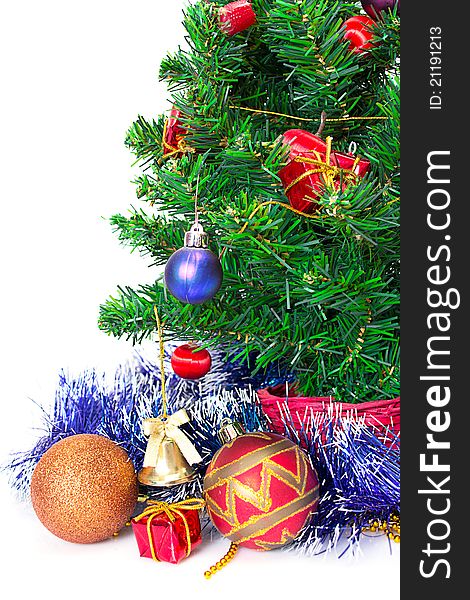Colorful Christmas Decorations on a Tree Isolated on a White Background