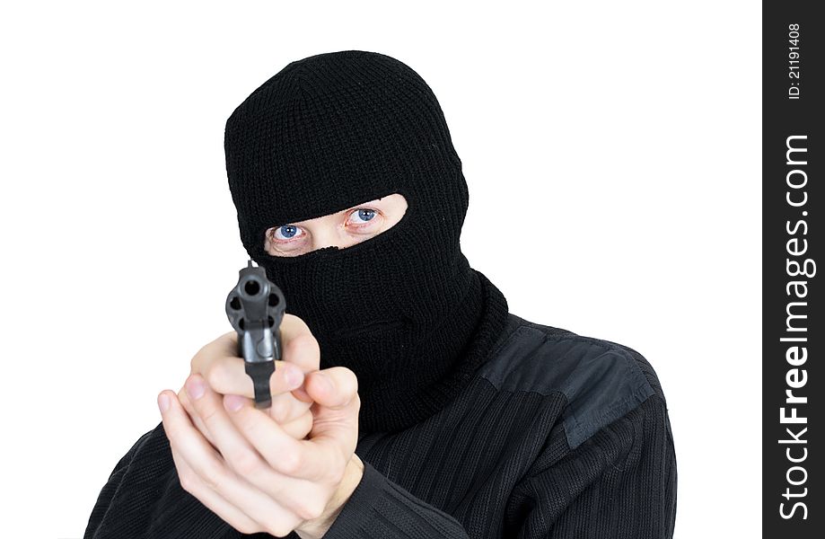 Man in a mask with a gun on a white