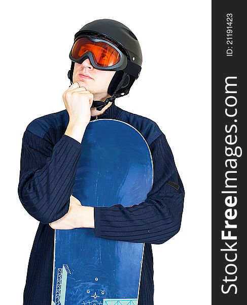 Portrait of handsome man in sportswear with snowboard isolated on a white background