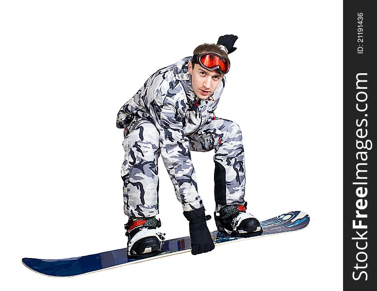 Portrait of handsome boy in sportswear with snowboard isolated on a white background. Portrait of handsome boy in sportswear with snowboard isolated on a white background