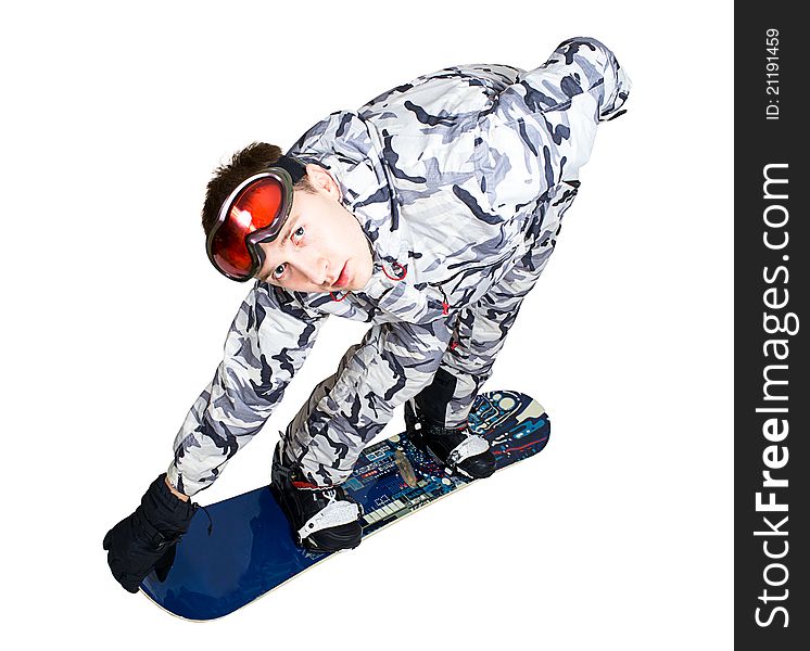 Portrait of handsome boy in sportswear with snowboard isolated on a white background. Portrait of handsome boy in sportswear with snowboard isolated on a white background