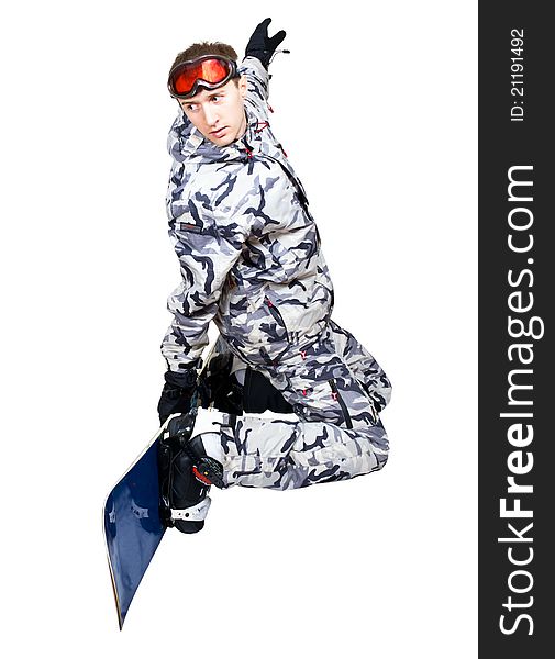 Portrait of boy in sportswear with snowboard