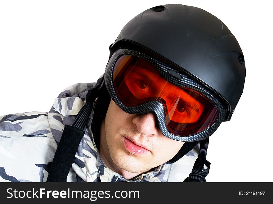 Portrait of handsome boy in sportswear with snowboard isolated on a white background. Portrait of handsome boy in sportswear with snowboard isolated on a white background