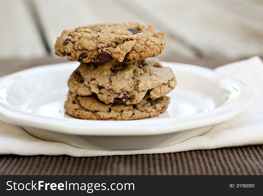 Stack of three chocolate chip cookies