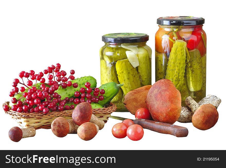 Vegetables, mushrooms, berries, spices for preservation on the white isolated background