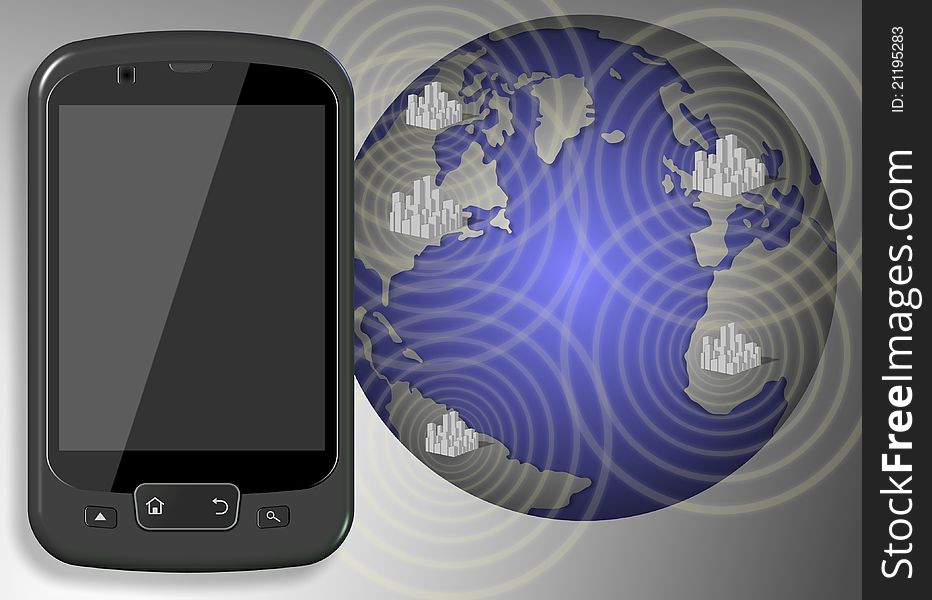 A mobile phone and Earth with cities connected by radio waves. A mobile phone and Earth with cities connected by radio waves