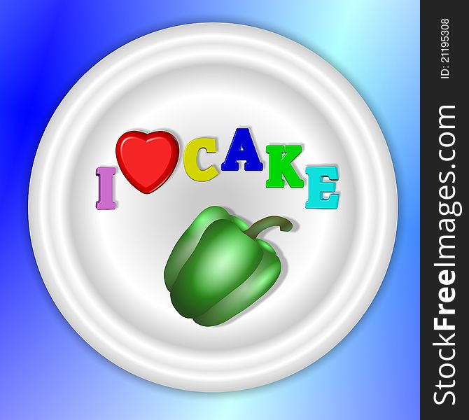 A text I love cake spelled on a same plate with a capsicum