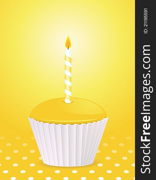 Yellow cupcake with single burning candle on a yellow polka dot background. Yellow cupcake with single burning candle on a yellow polka dot background