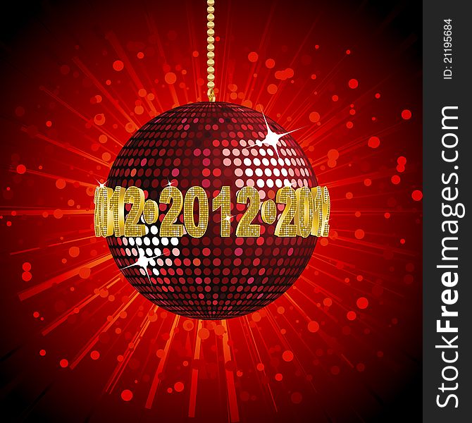 Sparkling red disco ball with 2012 wrapped around the centre on a bursting red background. Sparkling red disco ball with 2012 wrapped around the centre on a bursting red background