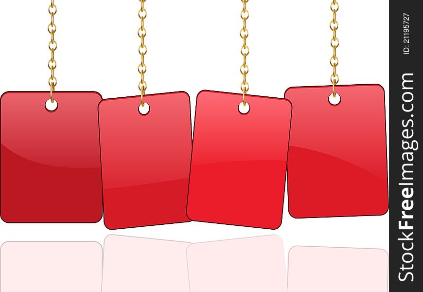 Red cards hanging from gold chains reflected on a white background. Red cards hanging from gold chains reflected on a white background