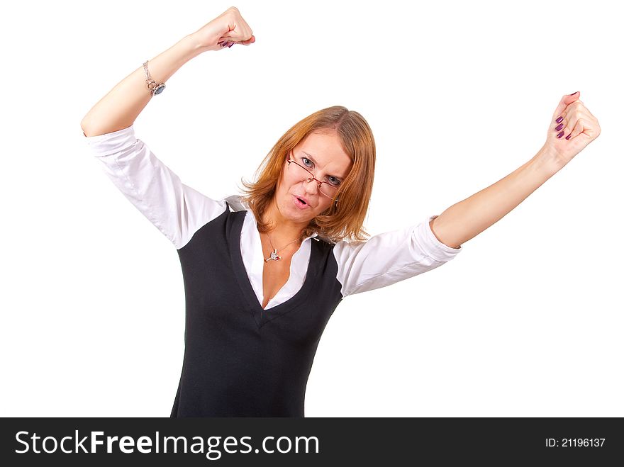 Angry businesswoman waving hands isolated on white. Angry businesswoman waving hands isolated on white