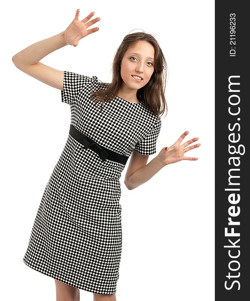 Young caucasian woman with hands up, isolated on white background