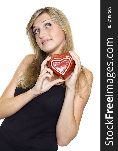 Smiling Young Woman Holding a red Heart. Lots of copyspace and room for text on this isolate. Smiling Young Woman Holding a red Heart. Lots of copyspace and room for text on this isolate